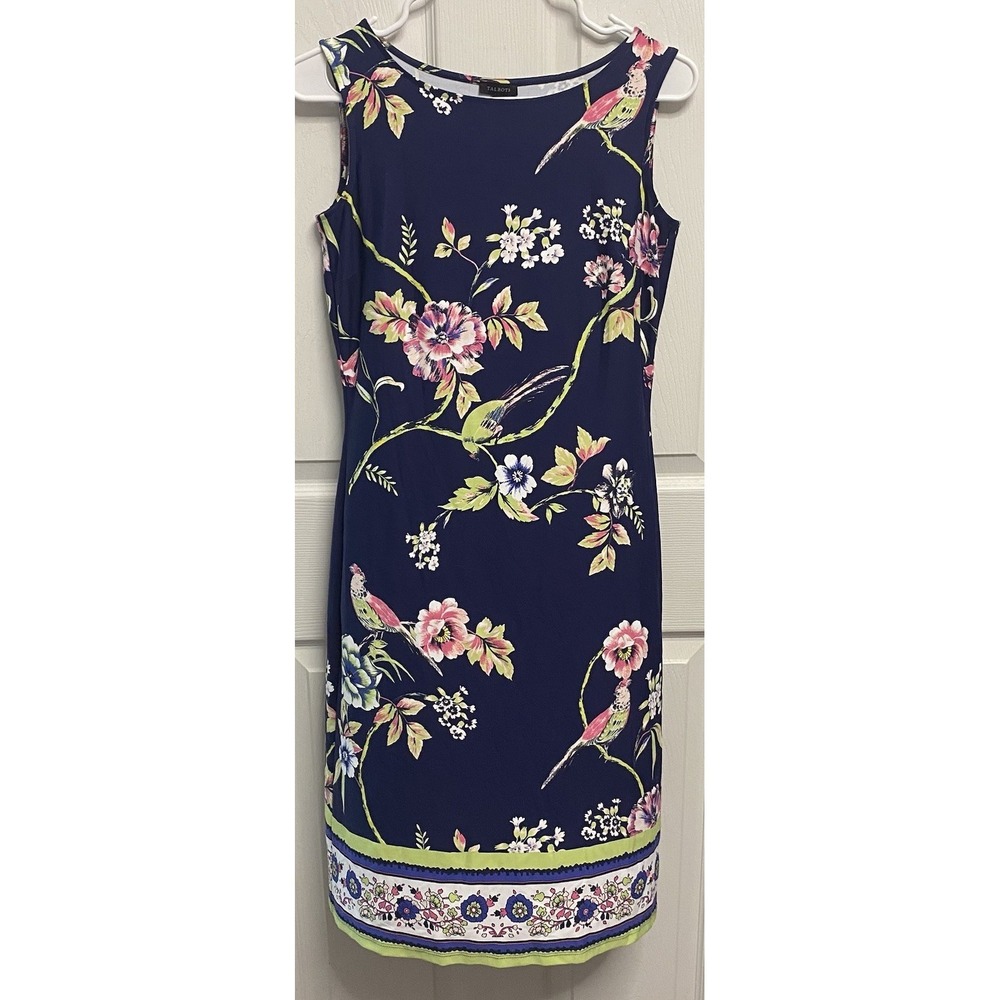 Talbots Women Sleeveless Bird&Floral Print Shift Dress Stretchy Blue&Pink NWT-XS